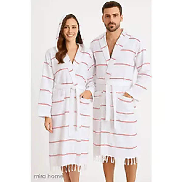 Mira Home Kapşonlu Unisex Beyaz Çizgili Banyo Deniz Plaj Peştemal Bornozu %100 Pamuklu