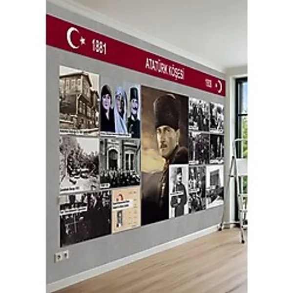 MİRAZAWALL Atatürk Köşesi Temalı Tarihi Fotoğraf Kolajlı Tek Parça Tekstil Duvar Kağıdı