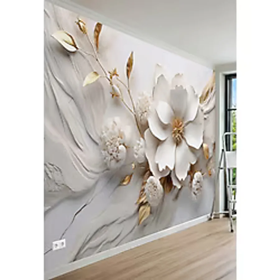 MİRAZAWALL Gold 3 Boyutlu Çiçek Desenli Tek Parça Tekstil Duvar Kağıdı