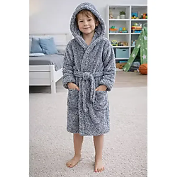 Mislina Home Luna Soft Kız / Erkek Çocuk Kapşonlu Wellsoft Bornoz Peluş Sabahlık Antrasit - 5 - 6 Yaş