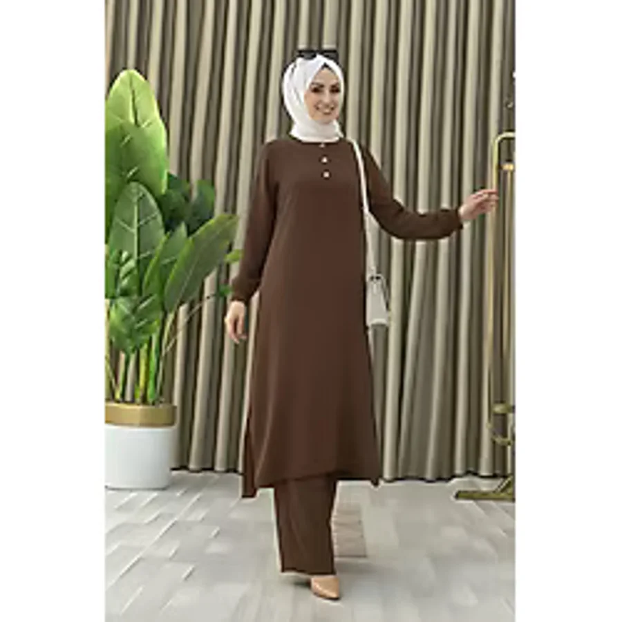 Mismoly Tesettür İkili Takım Uzun Tunik Bol Paça Pantolon 4006-kahve Kahverengi
