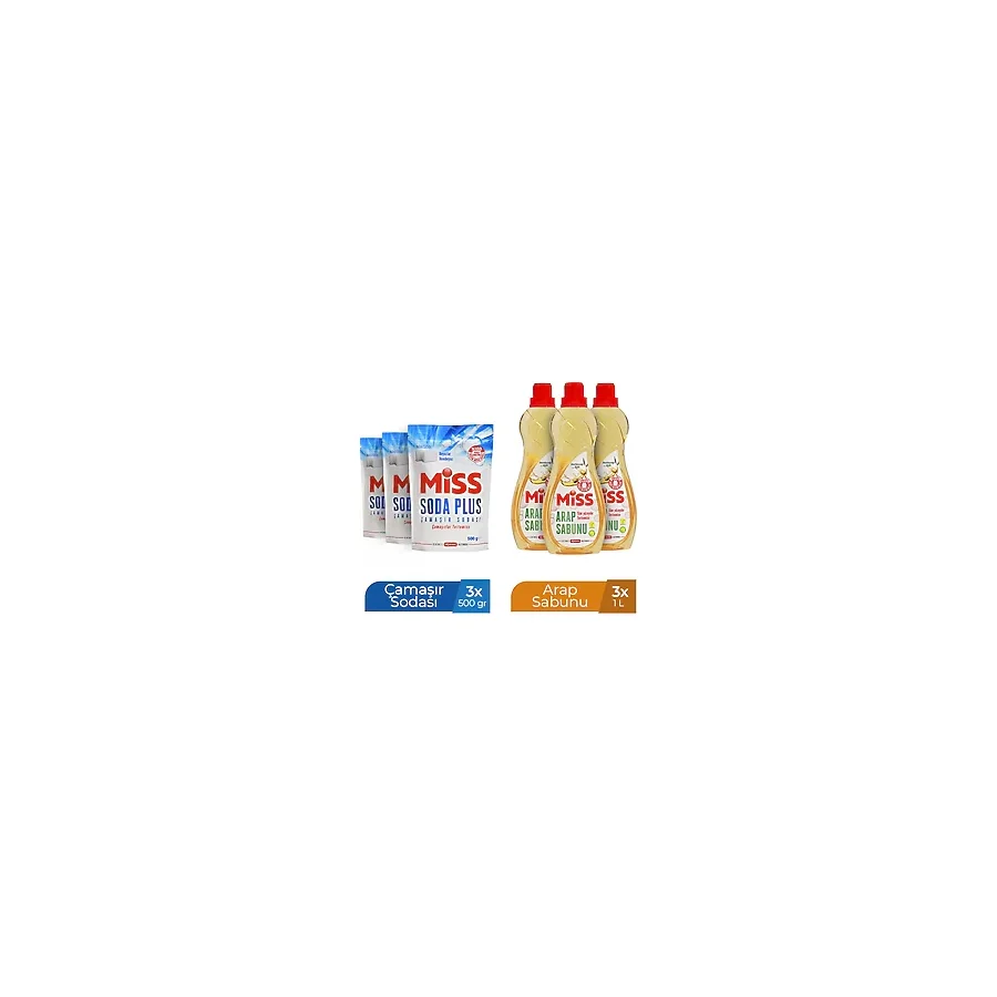 Miss Arap Sabunu 1000 ml x 3 ve Soda Plus 500 ml x 3 Adet Paraben İçermeyen Temizlik Ürünleri