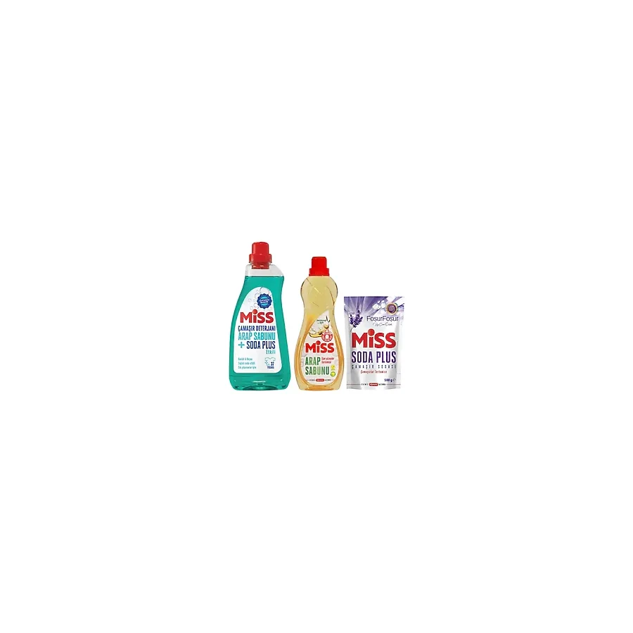 Miss Sıvı Çamaşır Deterjanı Arap Sabunu ve Soda Etkili 1500 ml + Arap Sabunu 1l + Çamaşır Sodası Lavanta Kokulu 500 G