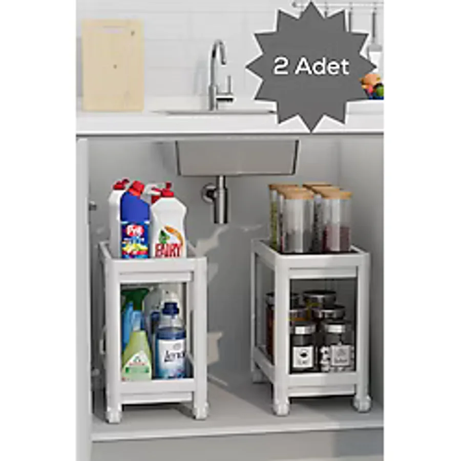 Mithra Life 2 Adet 2 Katlı Tekerlekli Tezgah Altı Beyaz Banyo Mutfak Rafı Mıt1120