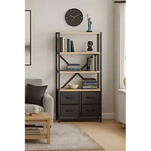 Miyuhome 4 Çekmeceli 4 Raflı Kitaplık Çalışma Odası Düzenleyici Metal Kitaplık Deri Çekmeceli Kitaplık