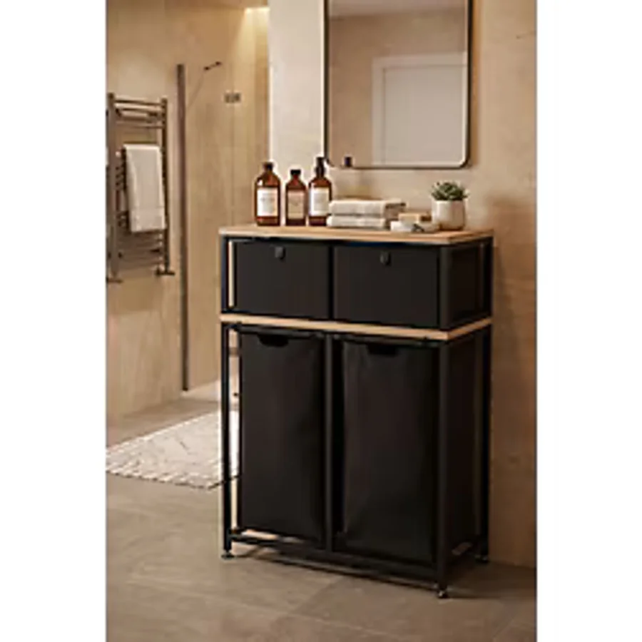 miyuhome Metal Kızaklı Çamaşır Sepeti 2 Adet Saklama Kutulu 2X40 LT Kirli Sepeti Büyük Boy Raflı Kirli Sepeti