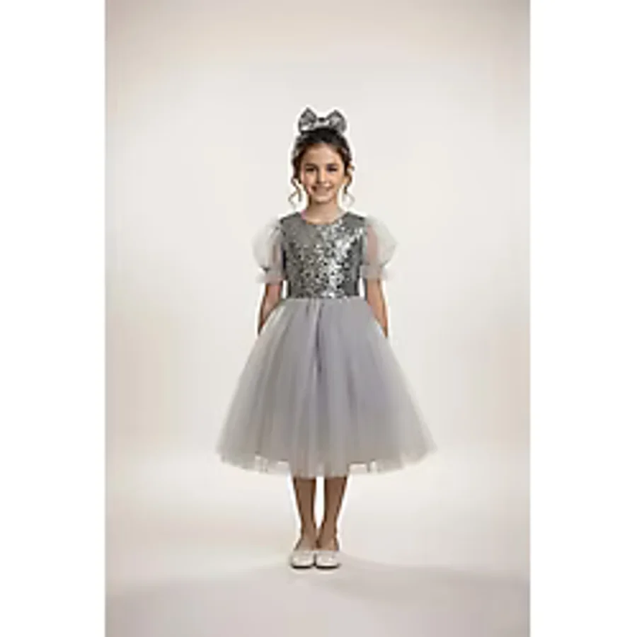 Mnk Baby & Kids Balon Kol Pul Payet Kız Çocuk Tütü Elbise M00751 - 7 Yaş - Gri
