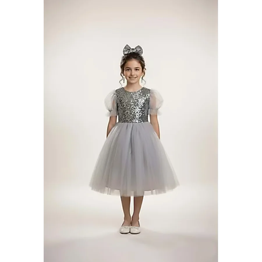 Mnk Baby & Kids Balon Kol Pul Payet Kız Çocuk Tütü Elbise M00751 - 7 Yaş - Gri