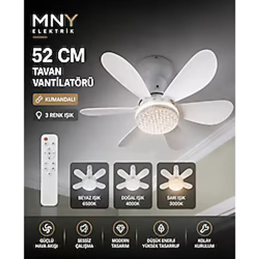 mny elektrik KRİSTAL Tavan Vantilatörü Sessiz 3 Renk Işık Özelligi Uzaktan Kumandalı 52CM Ürün Boyutu
