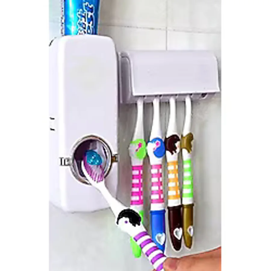 Mobee Otamatik Diş Macunu Sıkacağı Ve 5 Adet Diş Fırçalığı Macun Sıkacak Diş Fırçası Banyo Askı Seti