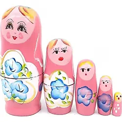 Mobgift 5'li Matruşka Bebek Ahşap Pembe