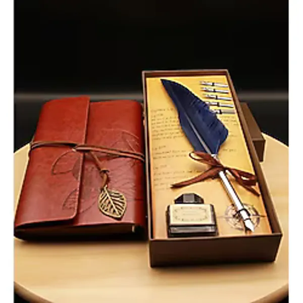 Mobgift Hediyelik Taçlı Kuş Tüyü Divit Kalem ve Özel Tasarım Retro Deri Defter Seti - 1 - 001-Renkli