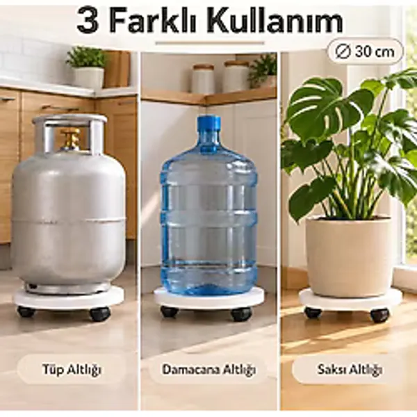 Mobilyacın Beyaz Yuvarlak Ahşap Saksı Altlığı Damacana Tüp İçin Tekerlekli Sehpa 31x31 cm Ölçülerinde