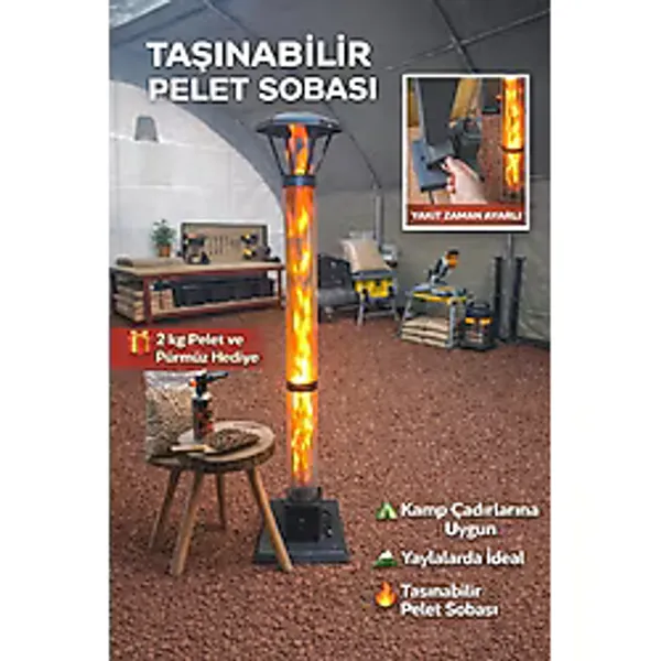 Mobimod House Füze Pelet Soba Yakıt ve Zaman Ayarlı Tekerli Uzun Camlı