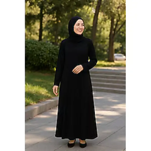 Moda Siyah Penye Tesettür Elbise Yan Cepli 125 cm Uzun Rahat Kesim Günlük Elbise