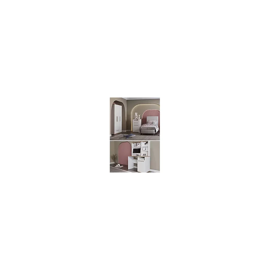 Modalife Çocuk Odası Takımı Karyola+Başlık+Yatak&Gardırop&Çalışma Masası&Şifonyer - Beyaz