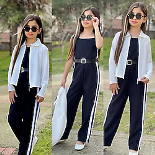 MODAVALS KEMER HEDİYELİ BELİ LASTİKLİ ŞERİT DETAYLI GARSON BOY KIZ ÇOCUK SİYAH TULUM & CEKET KOMBİN