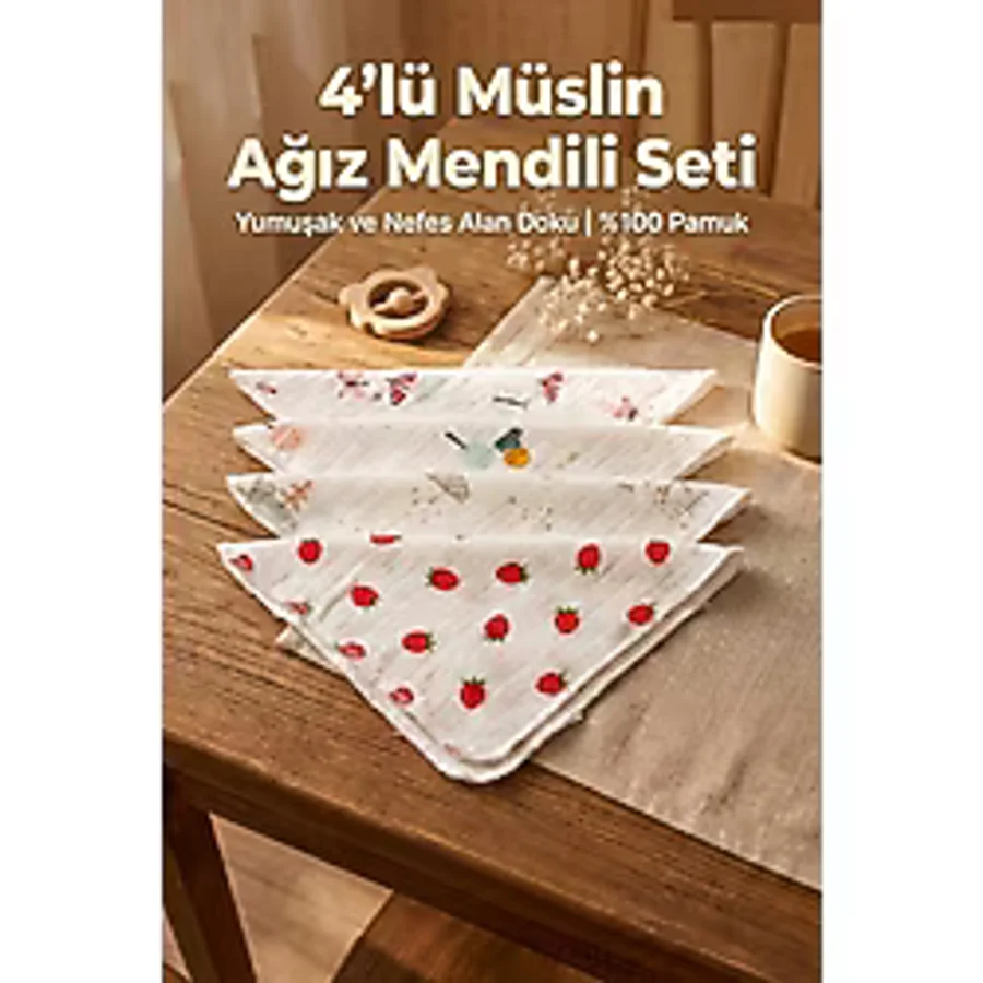 Modern Desenli Müslin Bebek Ağız Mendili Günlük Kullanım İçin Yumuşak Dokulu 25 x 25 CM 4'lü Set