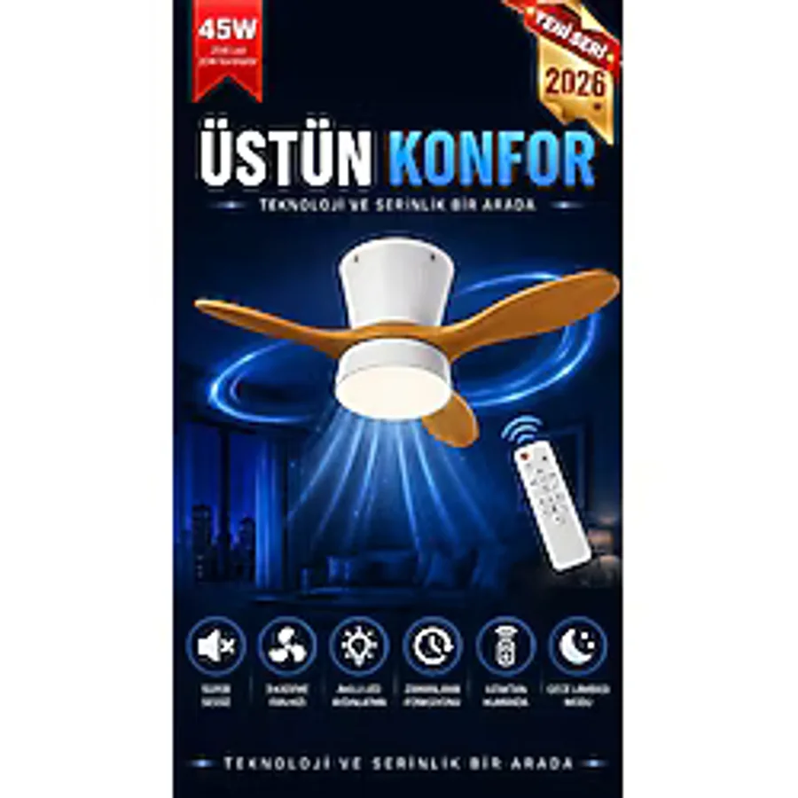 Modern LED Işıklı Tavan Vantilatörü 3 Renk Işık 3 Kademe Hız Sessiz Beyaz Gövde Açık Ceviz Kanat Avize - Beyaz - Açık Ceviz