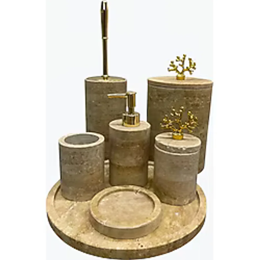Modestmar Doğal Traverten Taş 7'li Lüks Banyo Set - GOLD Mercan obje