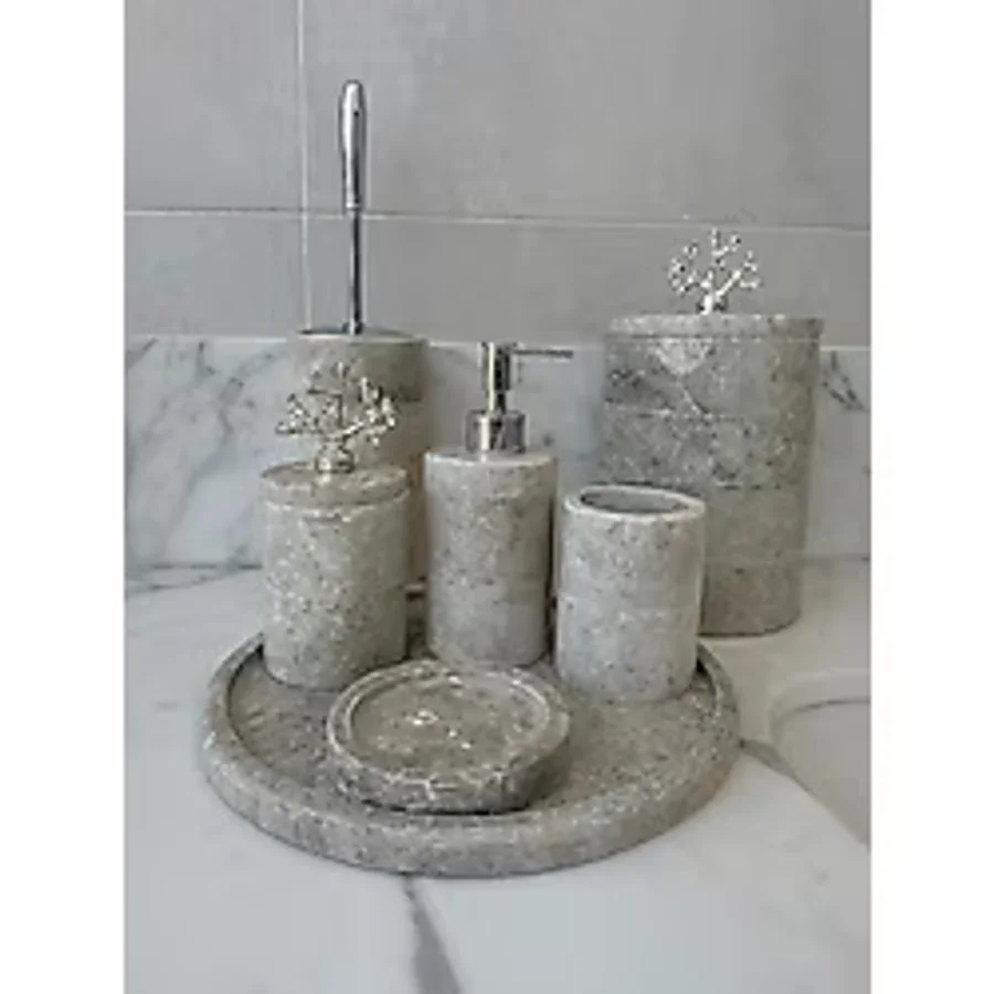 Modestmar Gri Mermer Yuvarlak Banyo Seti Takımı 7 Li Gümüş Mercan Objeli