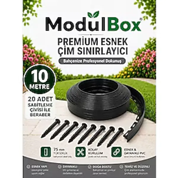 MODULBOX ESNEK PVC ÇİM AYIRICI, BAHÇE PEYZAJ DÜZENLEYİCİ, ( 10 METRE SİYAH ) ÇİM SINIRLAYICI ESNEK PLASTİK ,TAŞ, TOPRAK AYRAÇ BARİYER PEYZAJ BORDÜRÜ