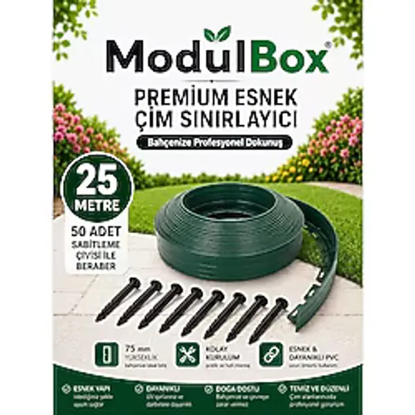 MODULBOX ESNEK PVC ÇİM AYIRICI, BAHÇE PEYZAJ DÜZENLEYİCİ, ( 25 METRE YEŞİL ) ÇİM SINIRLAYICI ESNEK PLASTİK ,TAŞ, TOPRAK AYRAÇ BARİYER PEYZAJ BORDÜRÜ