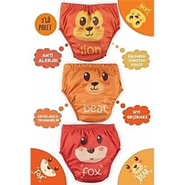 Mom's Lab Poopes Yıkanabilir 3'Lü Kombin Neseli Hayvanlar Alıştırma Külodu 1-2-3-4 Yaş;Unisex 2-4 Yaş,GDTYPPS0100203006