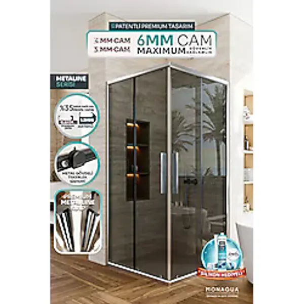 Monaqua Arteko Metaline Duşakabin Parlak Profil - 5mm Füme Temperli Cam Gri