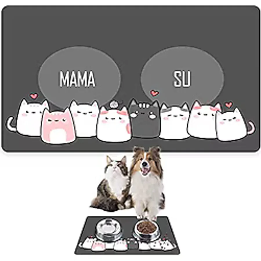 Monnhein 50x35 cm Mama ve Su Evcil Hayvan Besleme Matı - Gri Kalp Kediler
