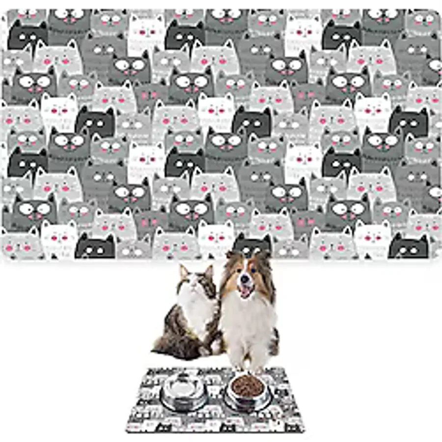 Monnhein Mama ve Su Evcil Hayvan Beslenme Matı, Kolay Temizlenen Emici Su Geçirmez Kumaş, Küçük Orta Boy ve Büyük Kedi ve Köpekler için Dayanıklı Köpek Kedi Paspas (40x60, Gri Kediler)