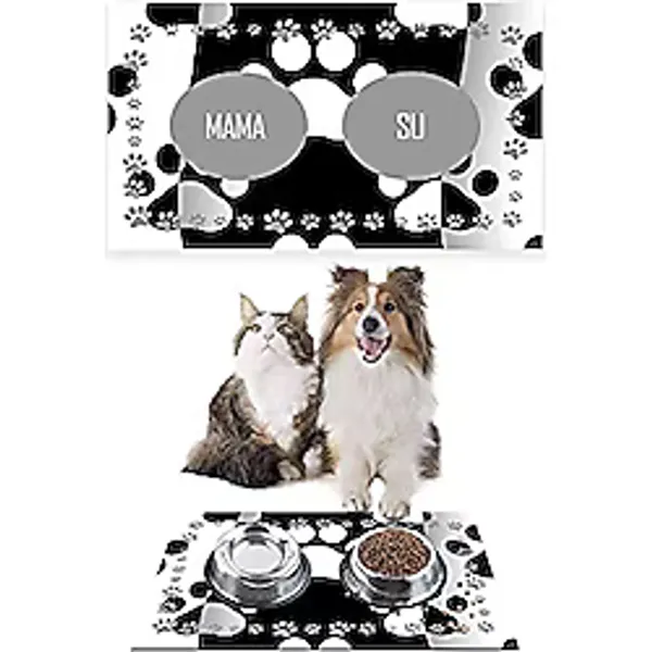 Monnhein Siyah Beyaz Pati, Kedi Köpek Mama ve Su Altlığı, Mama Paspası, Kedi Köpek Mama Eğitim Paspası 50x35cm