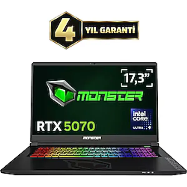 Monster Tulpar T7 V26.5.2 Ultra 9 185H 32 GB 1 TB SSD RTX5070 17.3" FreeDOS QHD Gaming Laptop