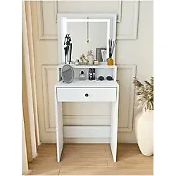 Montenero Dar Makyaj Masası Led Aynalı Kablosuz 60 Cm Çekmeceli Raflı Beyaz Tuvalet Masası
