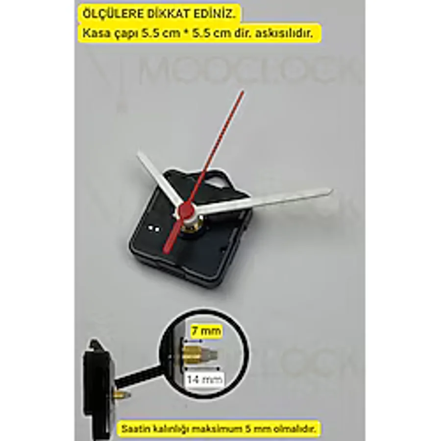 MOOCLOCK Saat Mekanizması, Akar Sessiz Duvar Saati Mekanizması, 14 Mm şaft, Akrep-Yelkovan-Saniye-(Askılı)