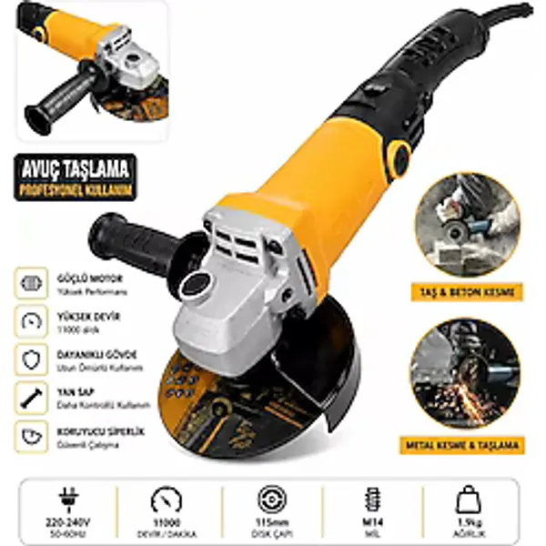 Moonshop Alman Teknoloji Bakır Sargılı 5000 W 115 Mm Devir Ayarlı Spiral Avuç Içi Kesme Ve Taşlama Makinası