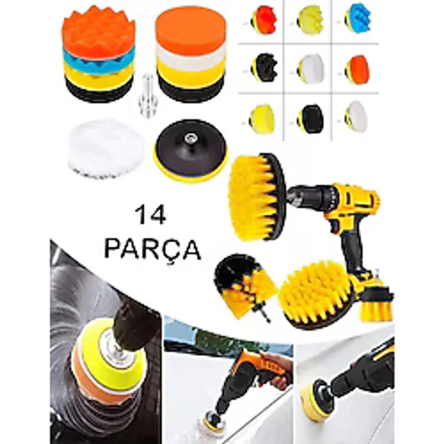 MOONSHOP Pro Japan Profesyonel 14 Parça Pasta Cila Polisaj Süngeri Seti Matkap Uyumlu Fırça Seti Parlatma