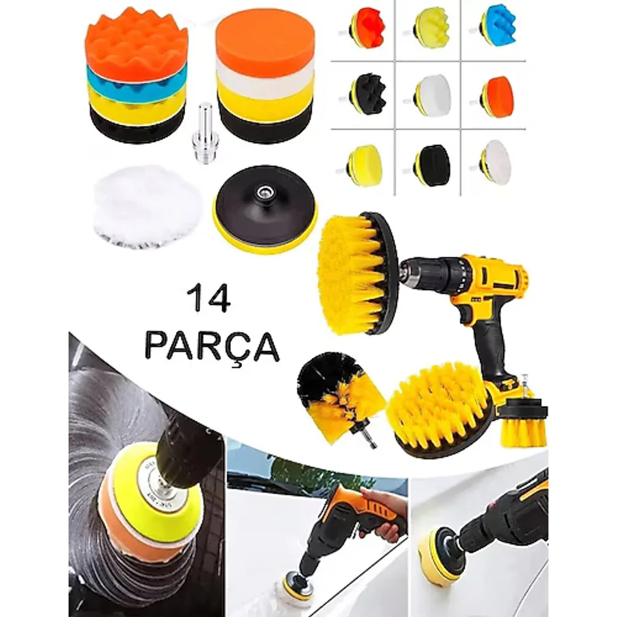 MOONSHOP Pro Japan Profesyonel 14 Parça Pasta Cila Polisaj Süngeri Seti Matkap Uyumlu Fırça Seti Parlatma