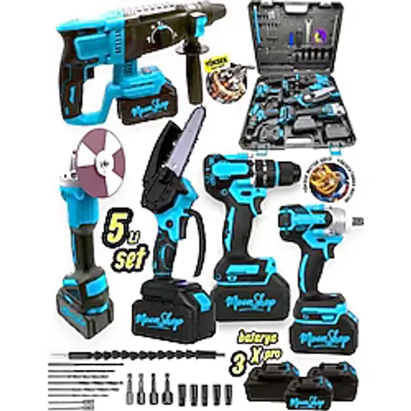 Moonshop Profesyonel Şarjlı Darbeli 5'li Set 2-26 Hilti 125mm Taşlama 13mm Matkap 650nm Somun Sökme Dal Budam