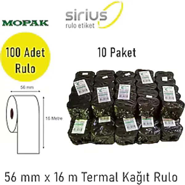 Mopak 56x16 Termal Pos Rulosu Yazarkasa Kağıdı (10 Paket 100 Rulo)