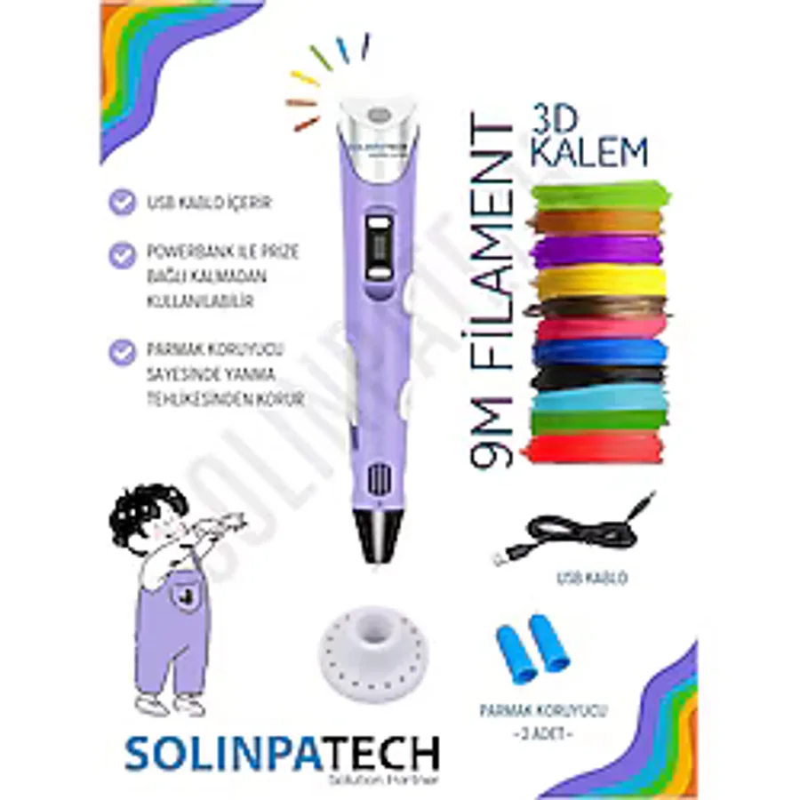 Mor 3D Kalem 3D Pen 3 Boyutlu Yazıcı Kalem 3 Renk 9 Metre Filament + USB KABLO