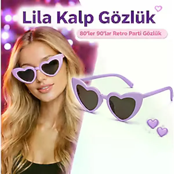 Mor Lila Retro Kalp Gözlük - 80'ler 90'lar Stil Parti Gözlüğü
