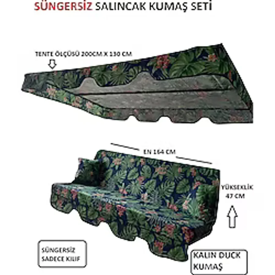 Mor Minder Süngersiz Tenteli Salıncak Kumaş Seti 3kişilik Bahçe Minderi 164x47 Süngersiz Yeşil