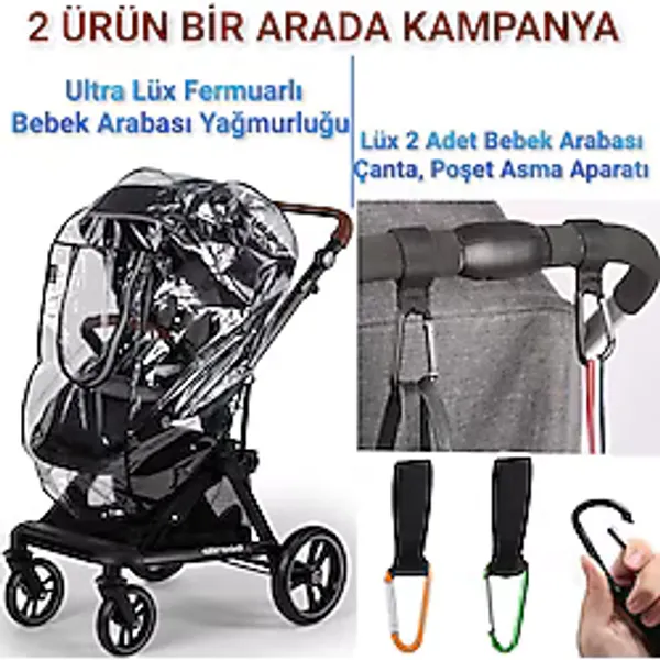 MorBebe Lüks Lastikli Fermuarlı Bebek Arabası Yağmurluğu I Puset Kancası I Bebek ArabasıÇanta Askısı 2 Adet
