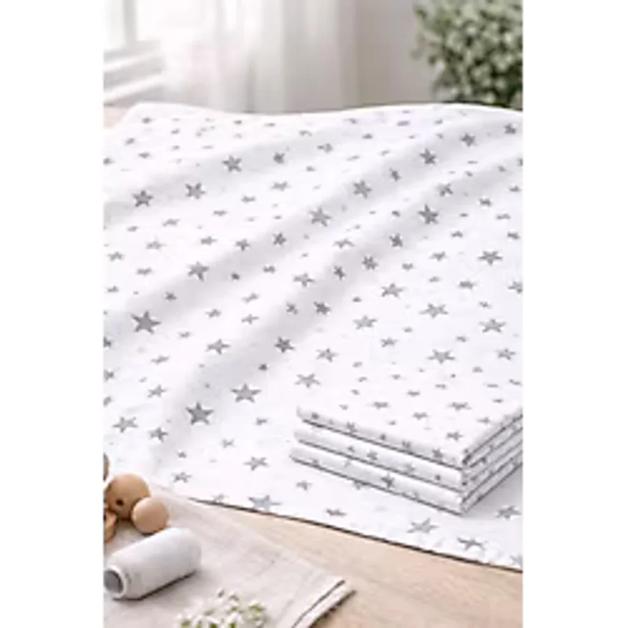 More Home 1 Adet Yıldız Desenli 90X90 cm %100 Pamuk Tek Katlı Müslin Kumaş Bebek Örtüsü.