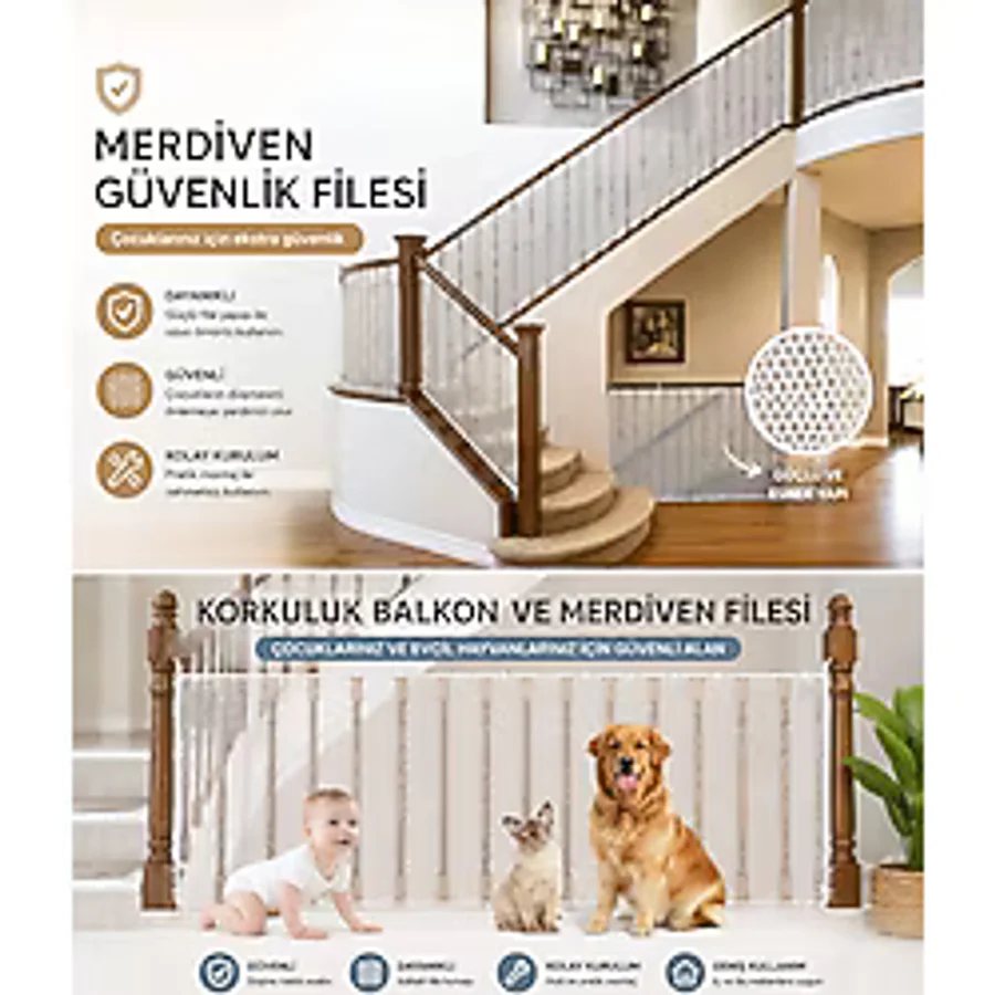Morport Çocuk ve Evcil Hayvan İçin Korkuluk Balkon ve Merdiven Filesi Çocuk Güvenlik Filesi Koruyucu Filesi