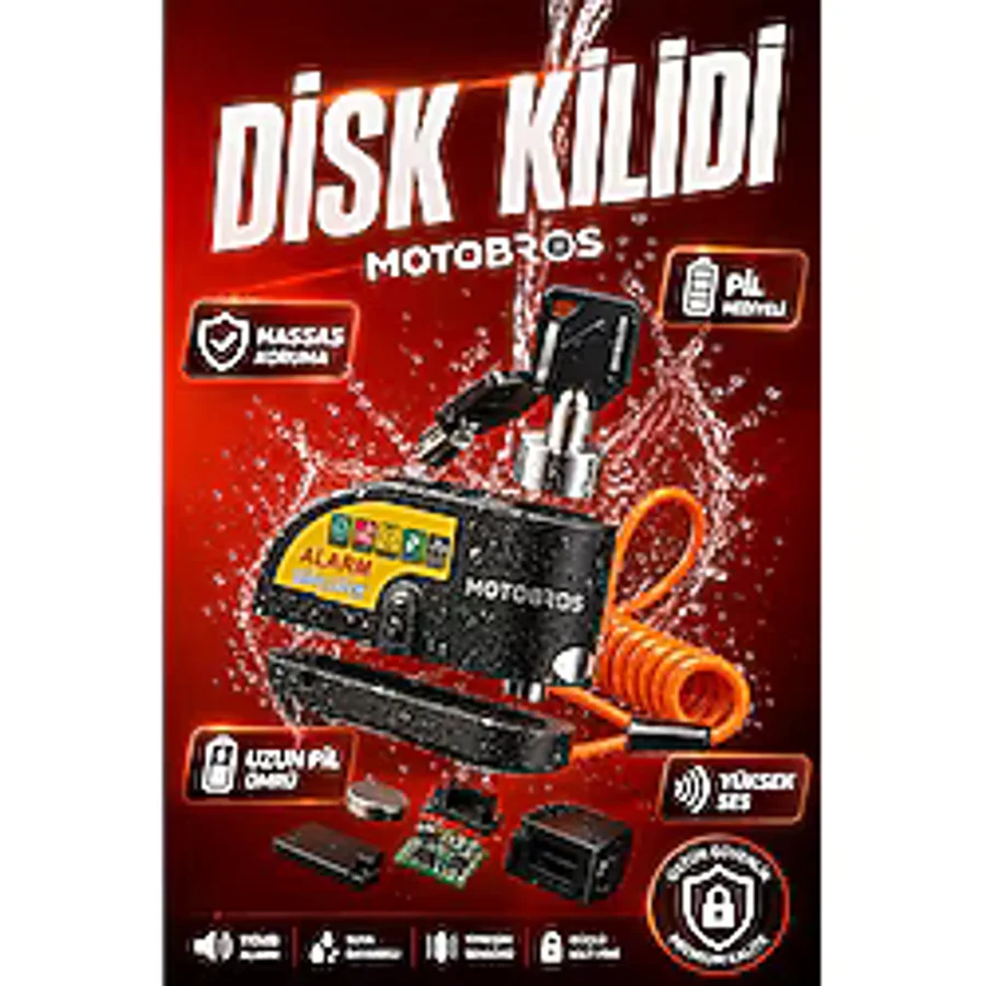Motobros Çelik Disk Kilidi - Alarm & Hatırlatma Kablolu, Yüksek Sesli - Motosiklet Güvenlik