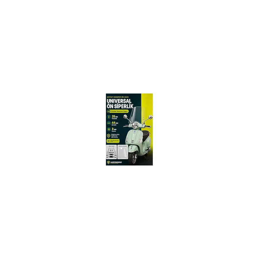 Motobros MOTOSİKLET ÖN CAM MOTOR ÖN CAM ÖN SİPERLİK 35 CM TÜM SCOOTER MOTORLARA UYUMLUDUR + Bağlantı Ekipmanları
