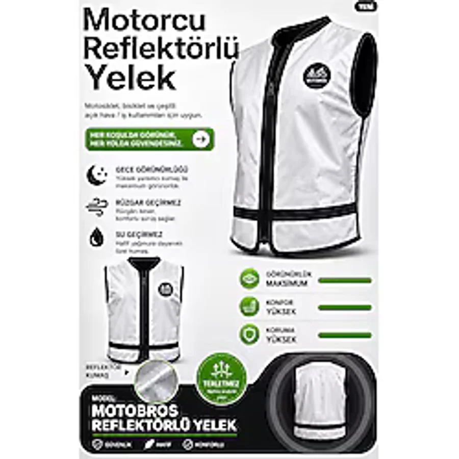Motobros Motosiklet Reflektörlü Yelek - Motorcu Reflektör Yeleği Full 3m Reflektör (SU GEÇİRMEZ)