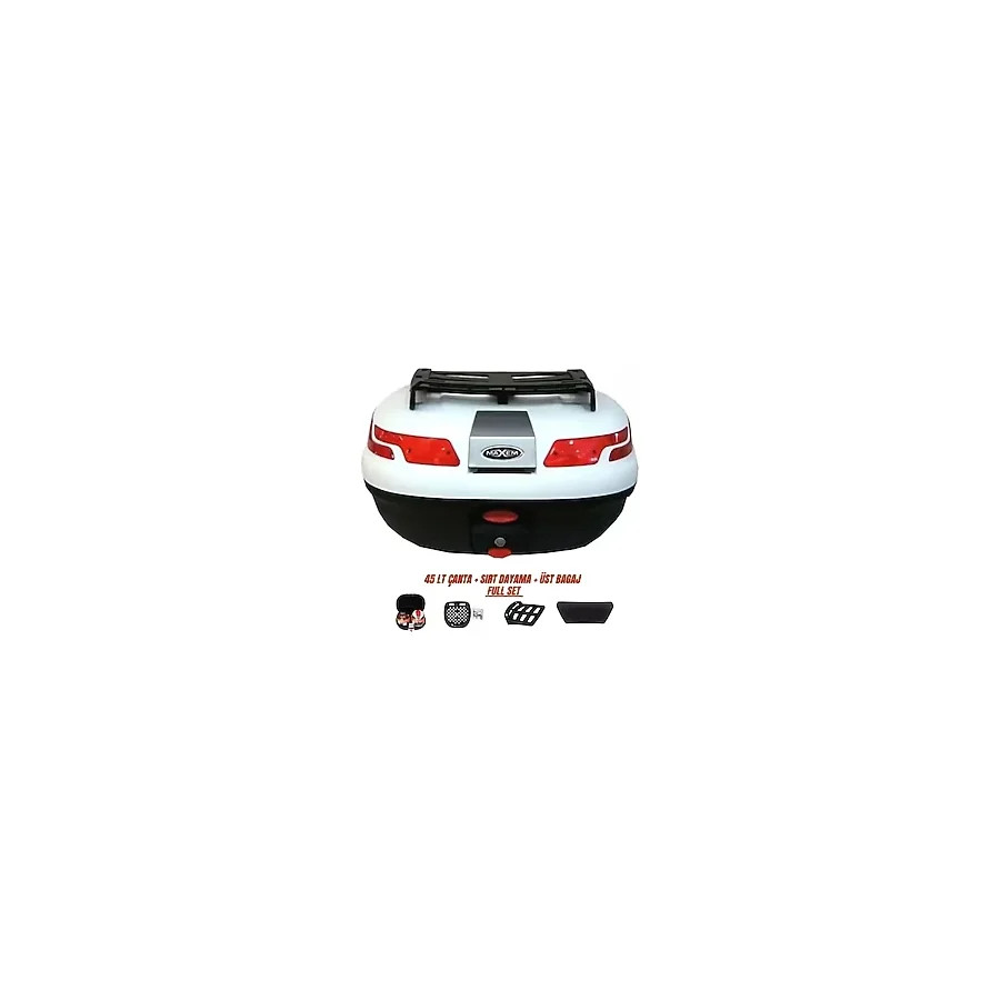 Motosiklet Arka Çanta 45 Litre Sırt Dayama Ve Üst Tabla Full Set Beyaz Beyaz